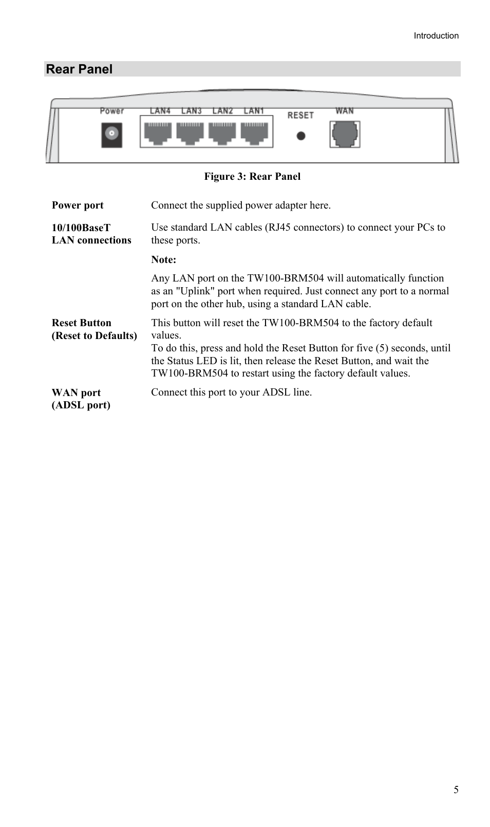 Rear panel | TRENDnet TW100-BRM504 User Manual | Page 8 / 73