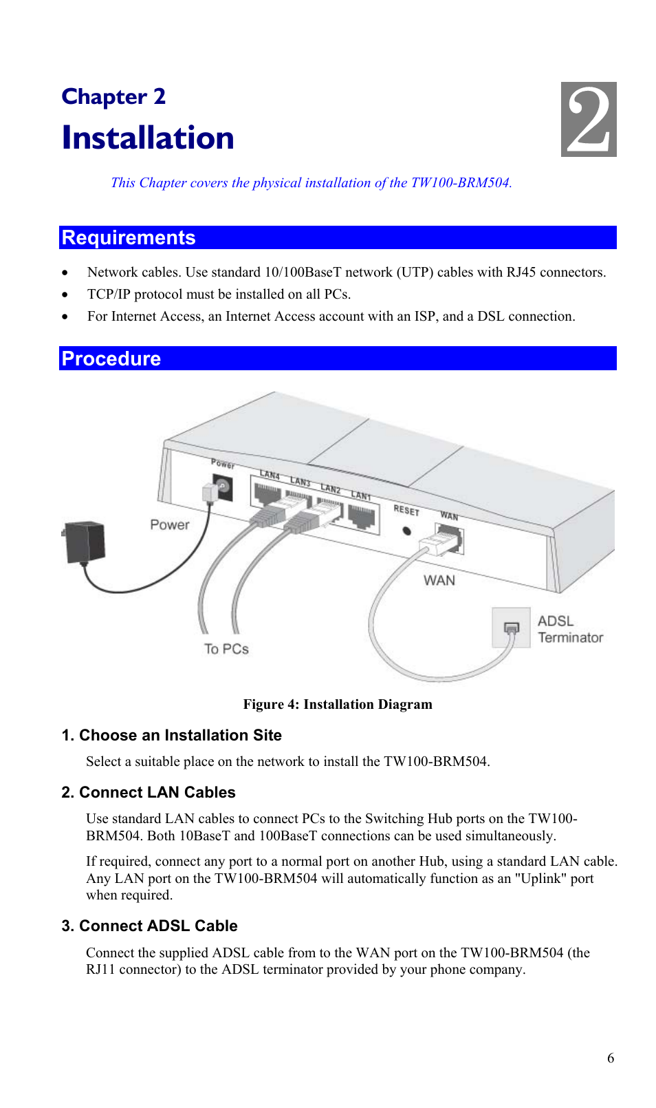 Chapter 2 installation, Requirements, Procedure | Installation | TRENDnet TW100-BRM504 User Manual | Page 9 / 73