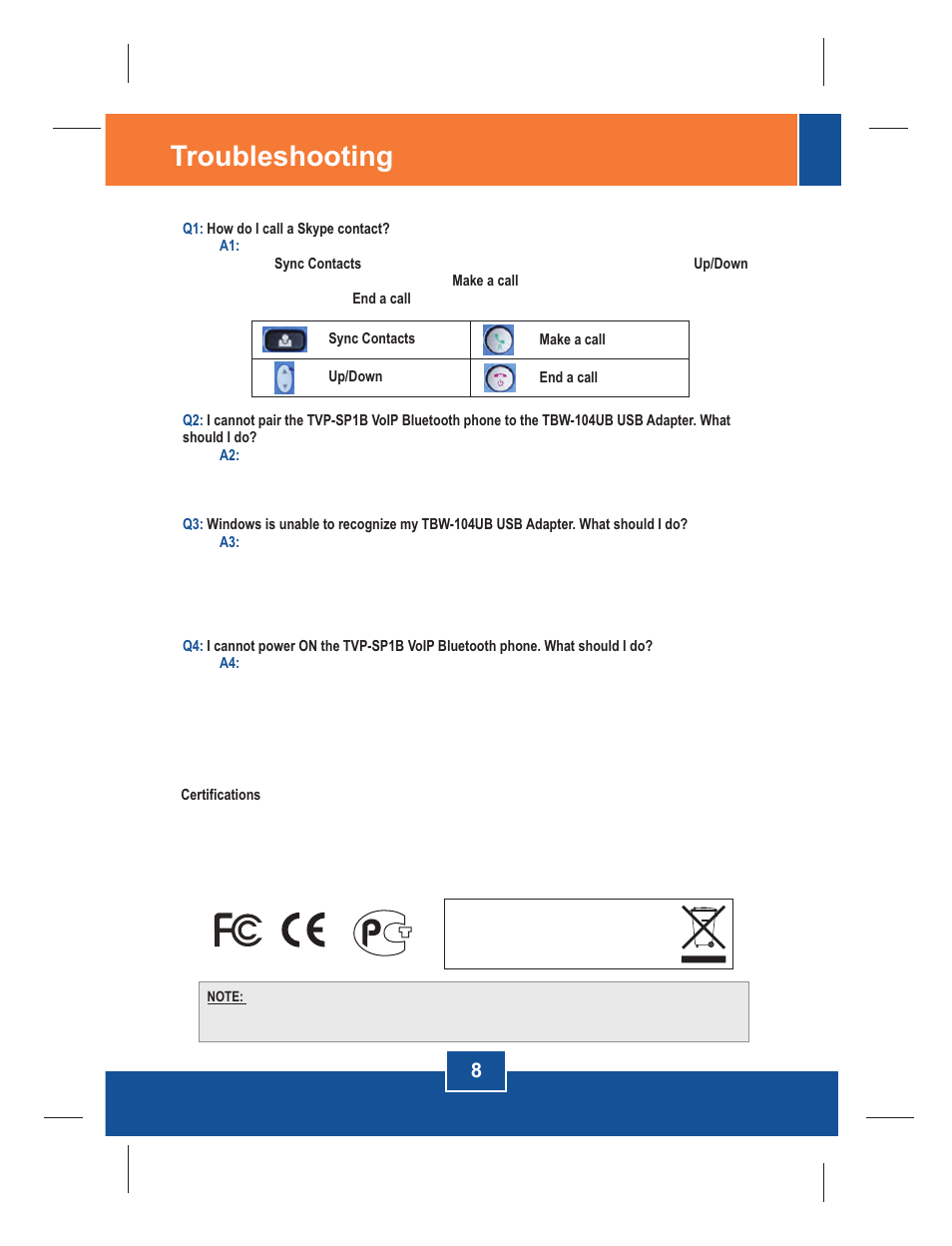 Troubleshooting | TRENDnet TVP-SP1BK User Manual | Page 10 / 11