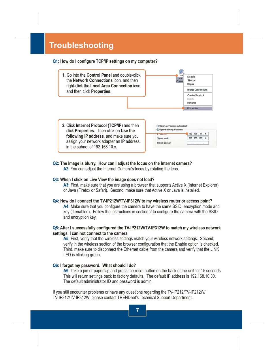 Troubleshooting | TRENDnet TV-IP212 User Manual | Page 9 / 11