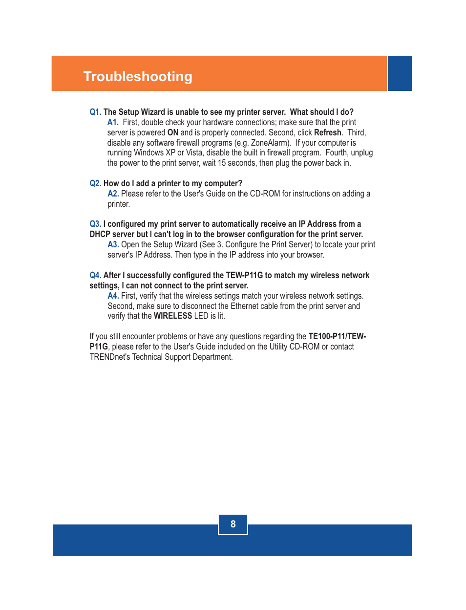 Troubleshooting | TRENDnet TE100-P11 User Manual | Page 10 / 12