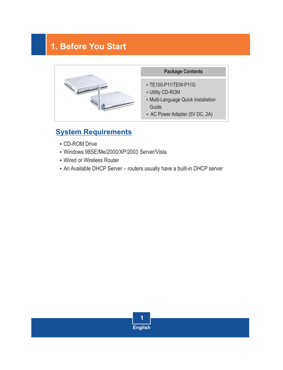 Before you start, System requirements | TRENDnet TE100-P11 User Manual | Page 3 / 12