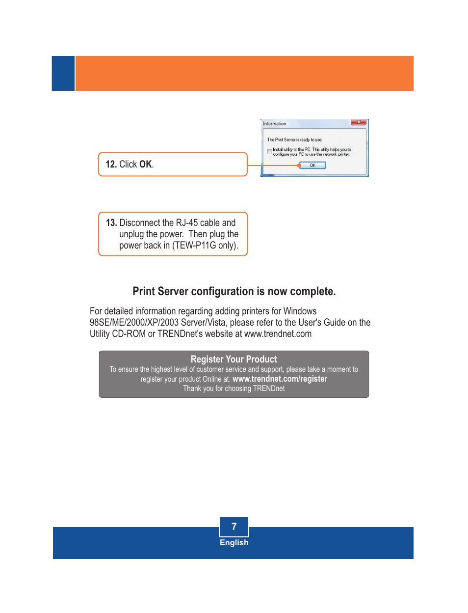 Print server configuration is now complete | TRENDnet TE100-P11 User Manual | Page 9 / 12