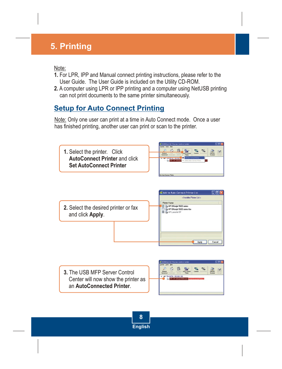 Printing, Setup for auto connect printing | TRENDnet TE100-MP2U User Manual | Page 10 / 19