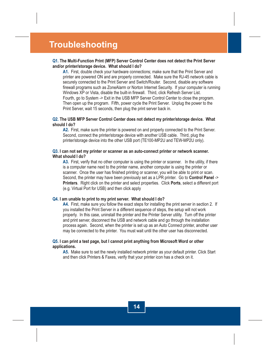 Troubleshooting | TRENDnet TE100-MP2U User Manual | Page 16 / 19