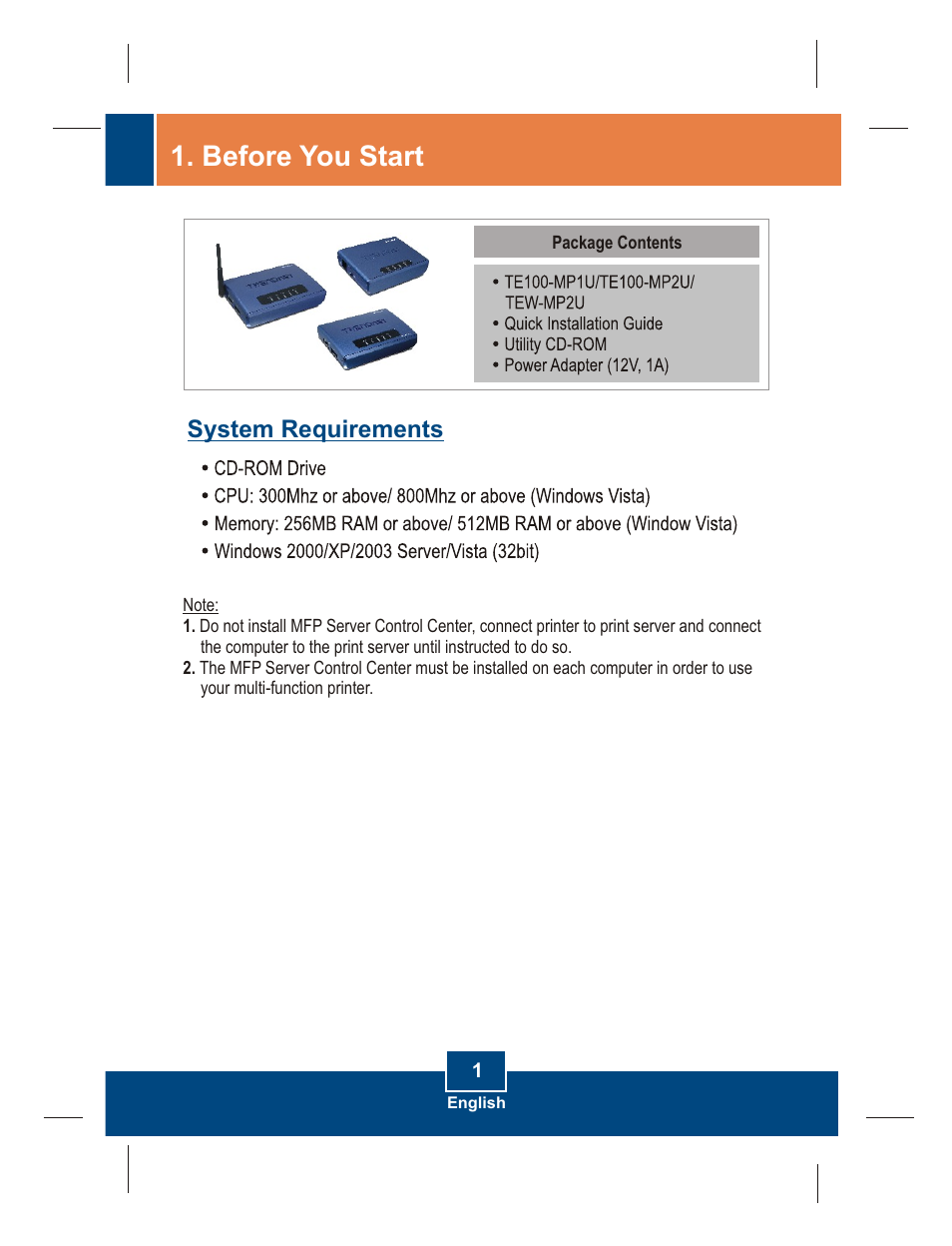 Before you start, System requirements | TRENDnet TE100-MP2U User Manual | Page 3 / 19