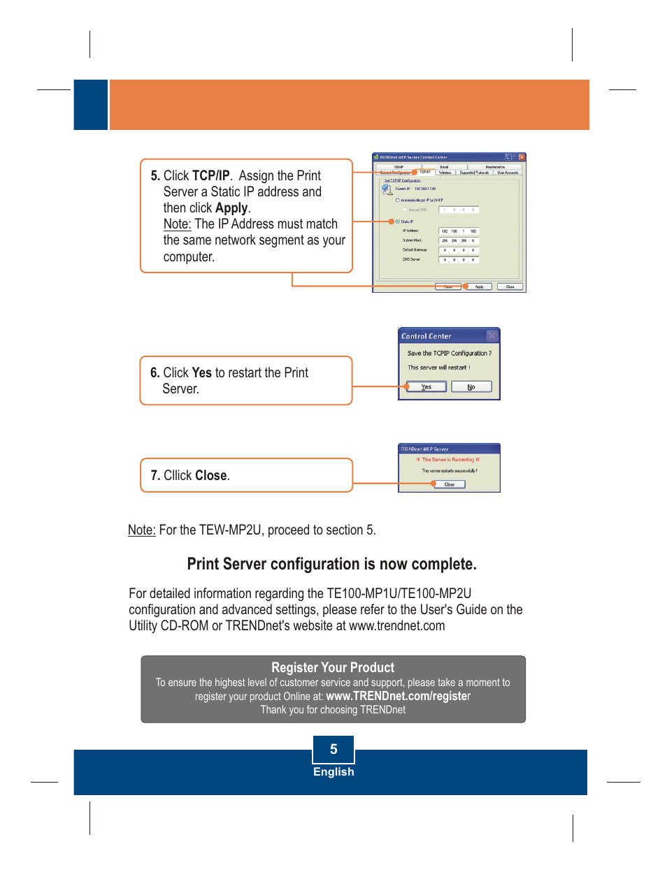 Print server configuration is now complete | TRENDnet TE100-MP2U User Manual | Page 7 / 19