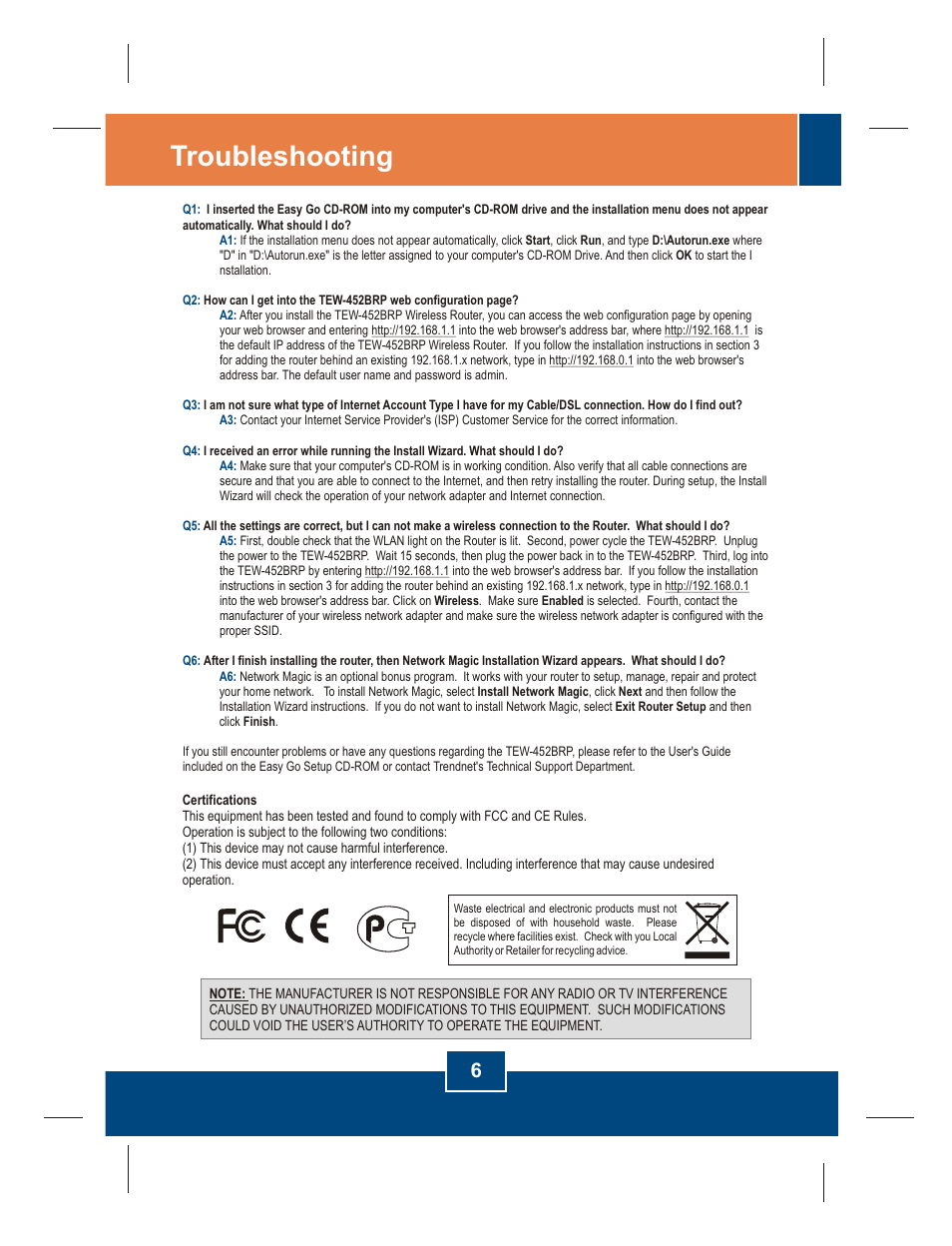 Troubleshooting | TRENDnet TEW-452BRP User Manual | Page 8 / 9