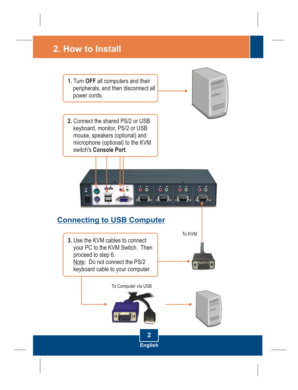 How to install, Connecting to usb computer | TRENDnet TK-423K User Manual | Page 4 / 13