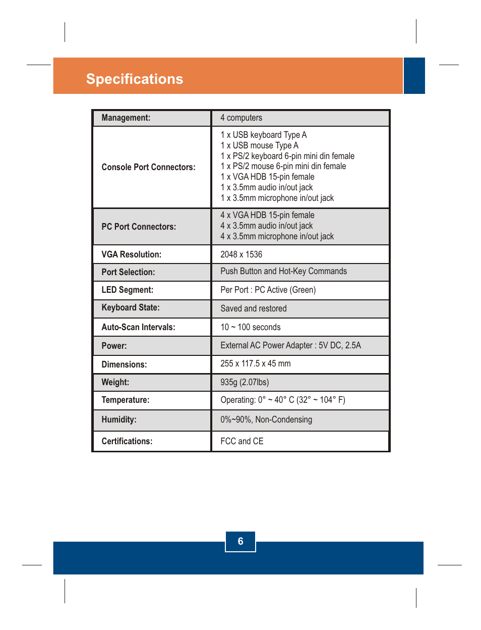 Specifications | TRENDnet TK-423K User Manual | Page 8 / 13