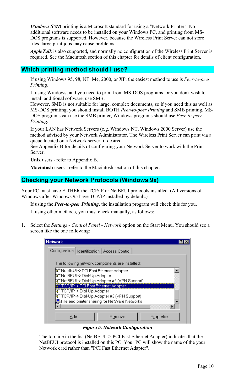 Which printing method should i use, Checking your network protocols (windows 9x) | TRENDnet TEW-P1U1P User Manual | Page 14 / 80