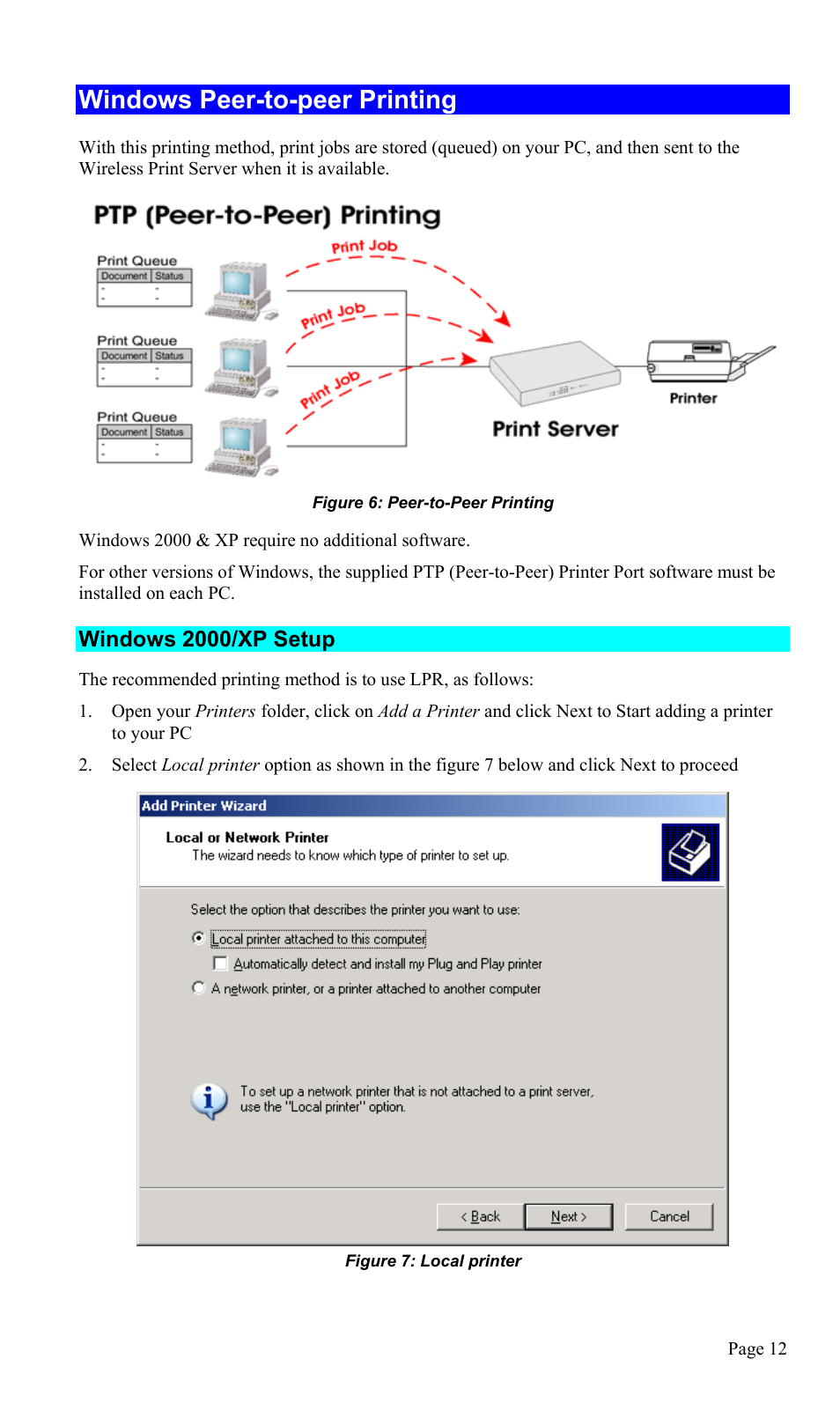 Windows peer-to-peer printing, Windows 2000/xp setup | TRENDnet TEW-P1U1P User Manual | Page 16 / 80