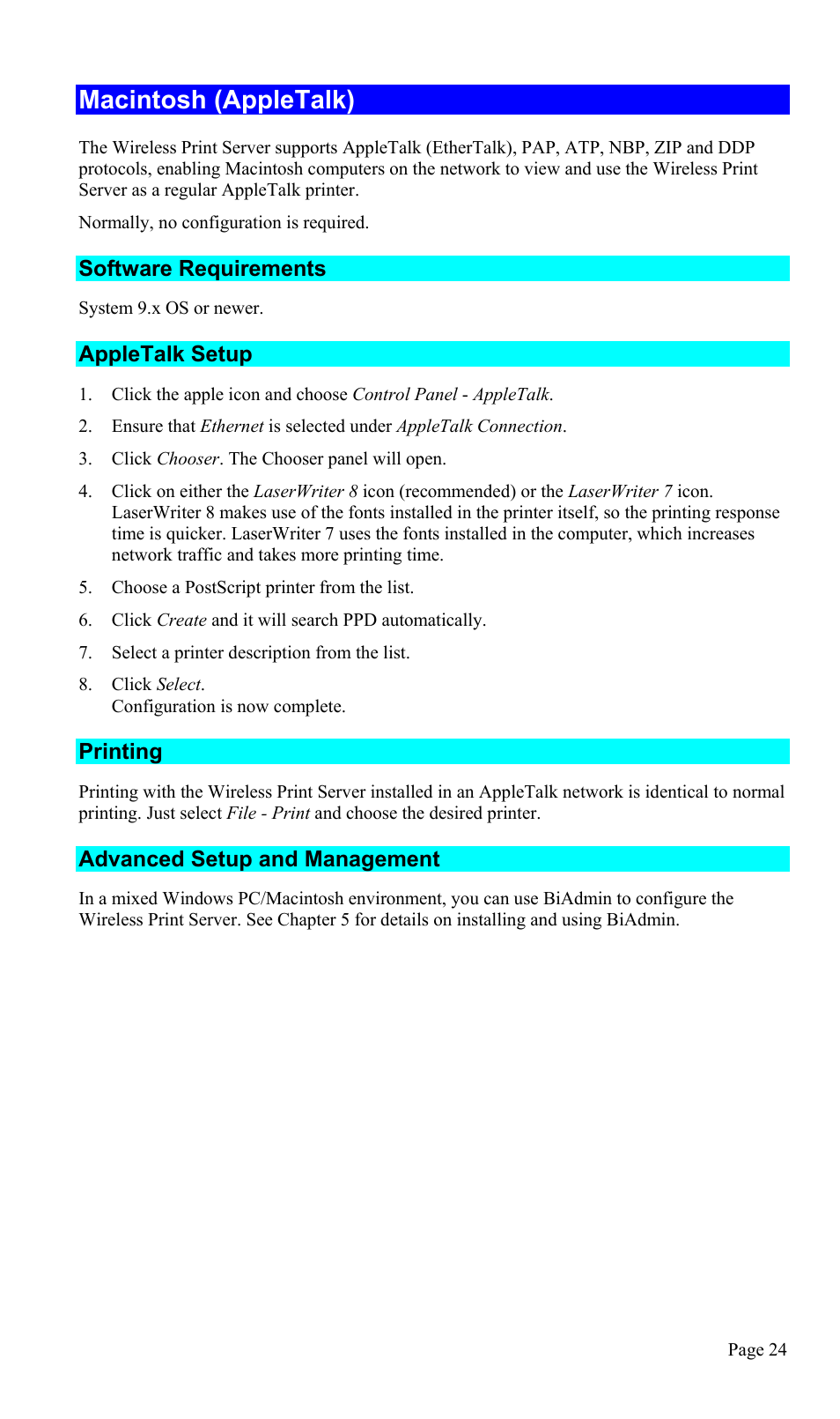 Macintosh (appletalk), Software requirements, Appletalk setup | Printing 24, Advanced setup and management | TRENDnet TEW-P1U1P User Manual | Page 28 / 80