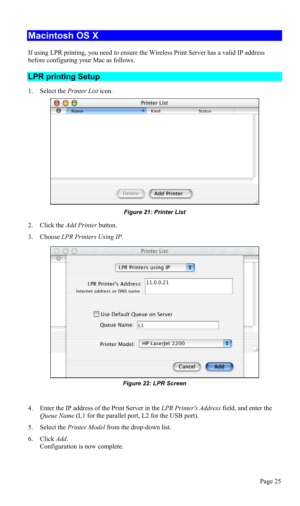 Macintosh os x, Lpr printing setup | TRENDnet TEW-P1U1P User Manual | Page 29 / 80