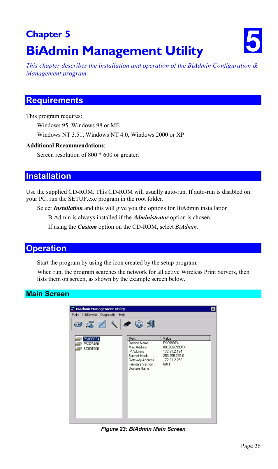 Chapter 5 biadmin management utility, Requirements, Installation | Operation, Main screen, Biadmin management utility, Chapter 5 | TRENDnet TEW-P1U1P User Manual | Page 30 / 80