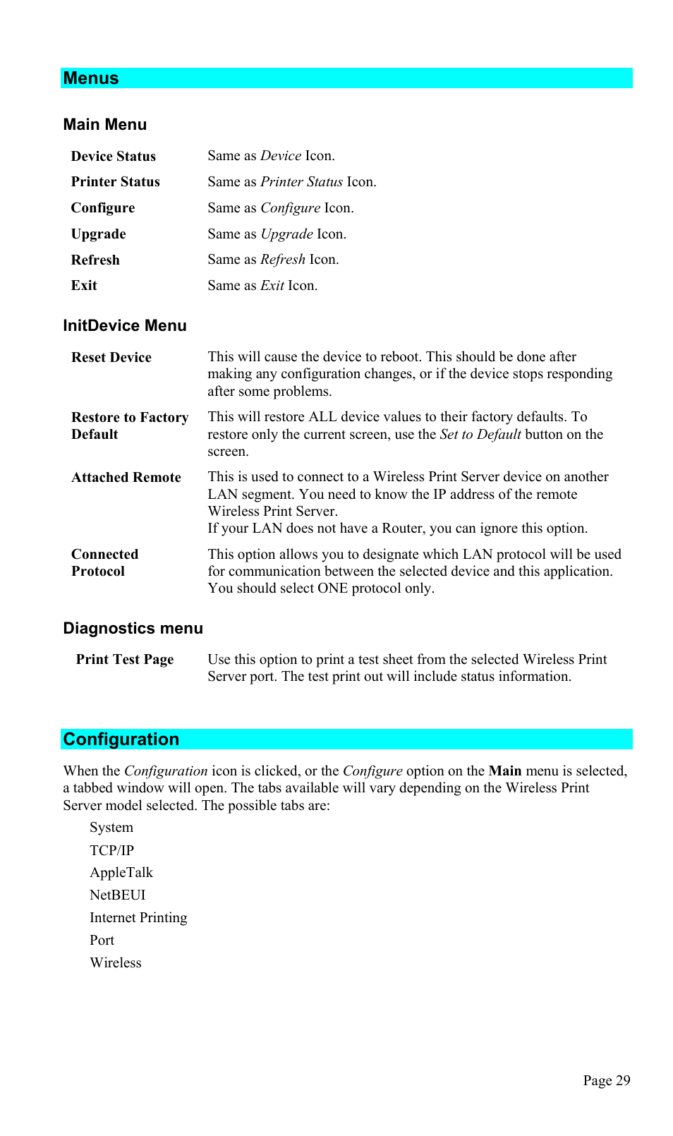 Menus, Configuration 29, Configuration | TRENDnet TEW-P1U1P User Manual | Page 33 / 80