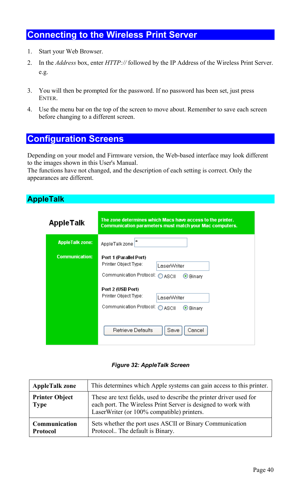 Connecting to the wireless print server, Configuration screens, Appletalk 40 | Appletalk | TRENDnet TEW-P1U1P User Manual | Page 44 / 80