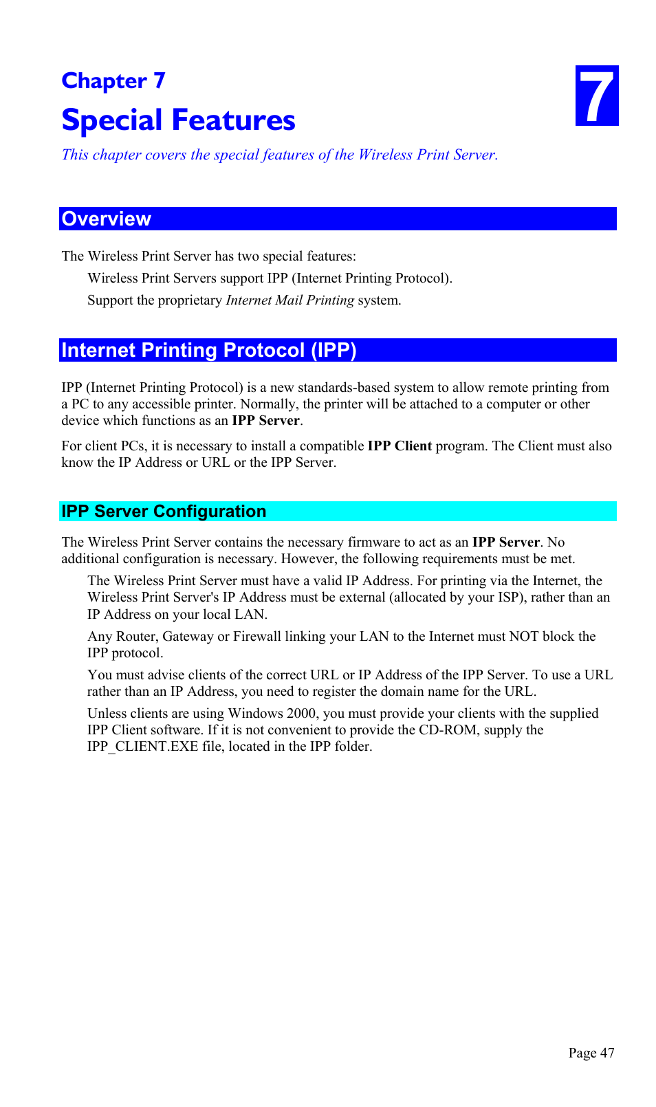 Chapter 7 special features, Overview, Internet printing protocol (ipp) | Ipp server configuration, Special features, Chapter 7 | TRENDnet TEW-P1U1P User Manual | Page 51 / 80