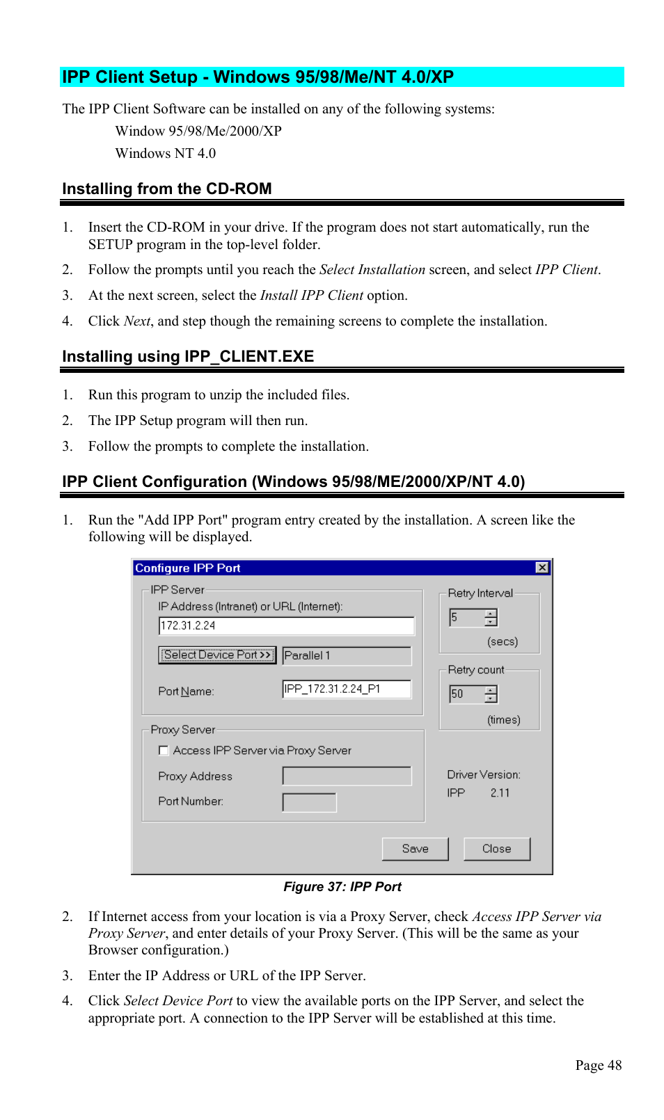 Ipp client setup - windows 95/98/me/nt 4.0/xp | TRENDnet TEW-P1U1P User Manual | Page 52 / 80