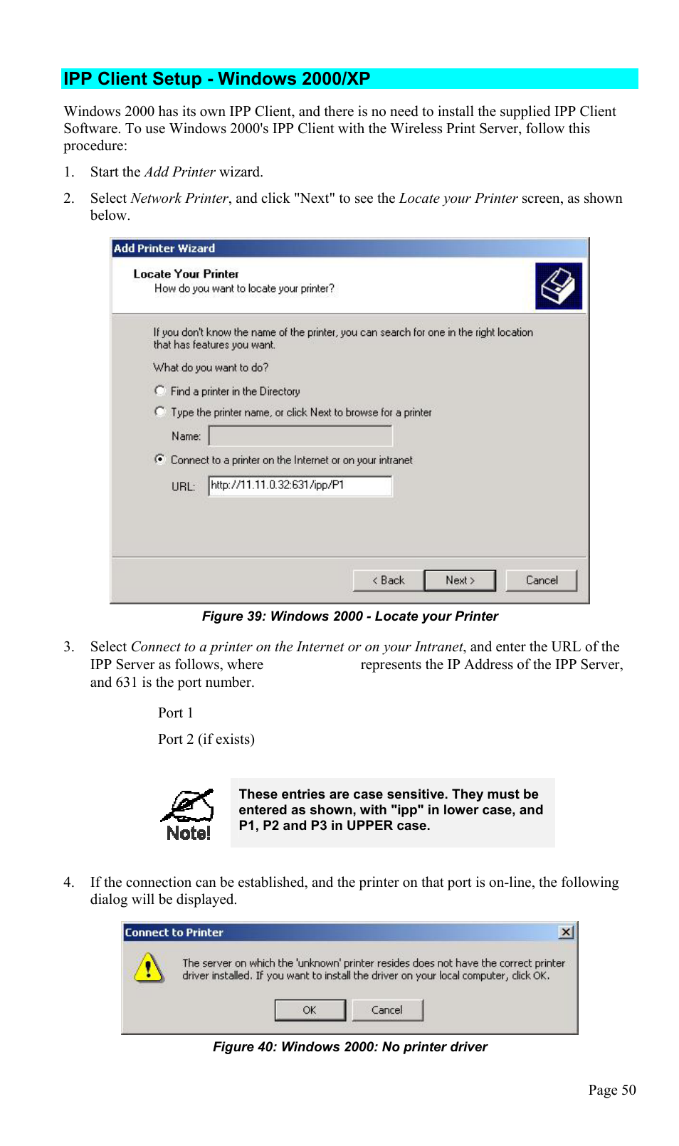 Ipp client setup - windows 2000/xp | TRENDnet TEW-P1U1P User Manual | Page 54 / 80