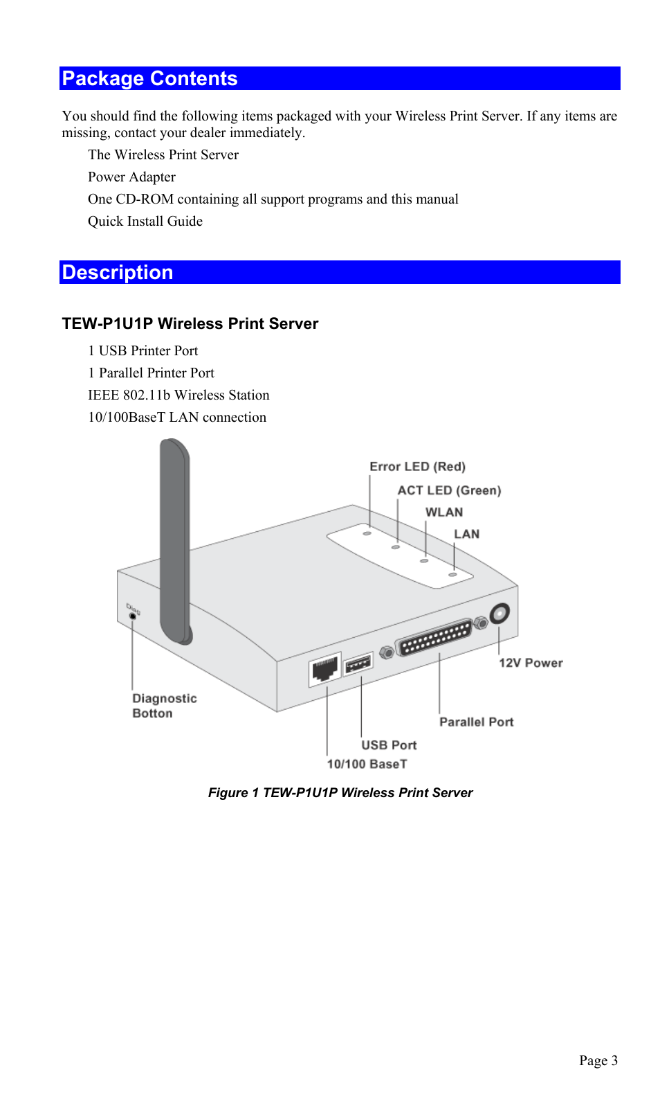 Package contents, Description | TRENDnet TEW-P1U1P User Manual | Page 7 / 80