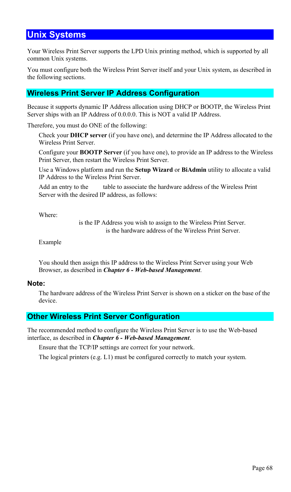 Unix systems, Wireless print server ip address configuration, Other wireless print server configuration | TRENDnet TEW-P1U1P User Manual | Page 72 / 80