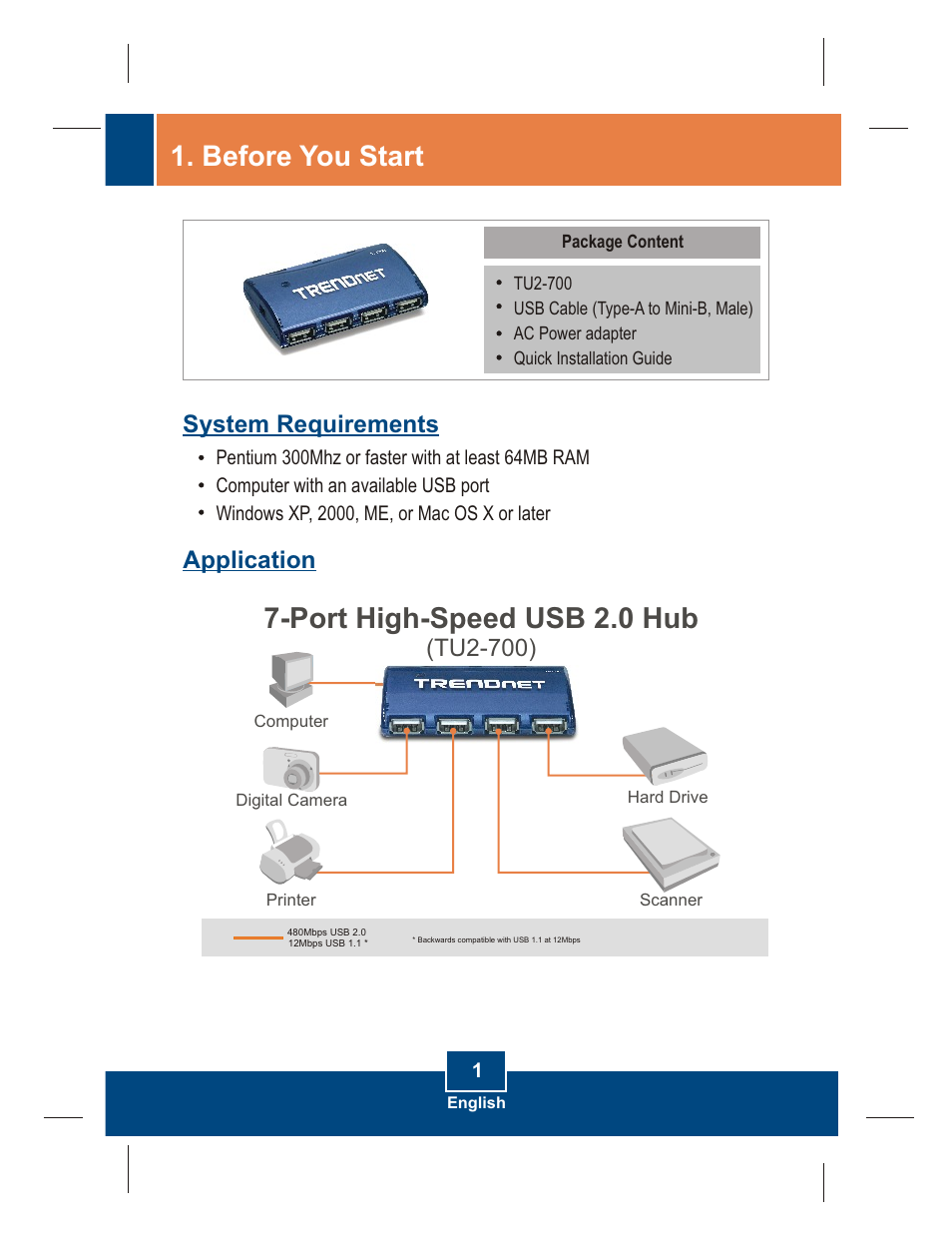 Port high-speed usb 2.0 hub, Before you start, System requirements application | Tu2-700) | TRENDnet TU2-700 User Manual | Page 3 / 9