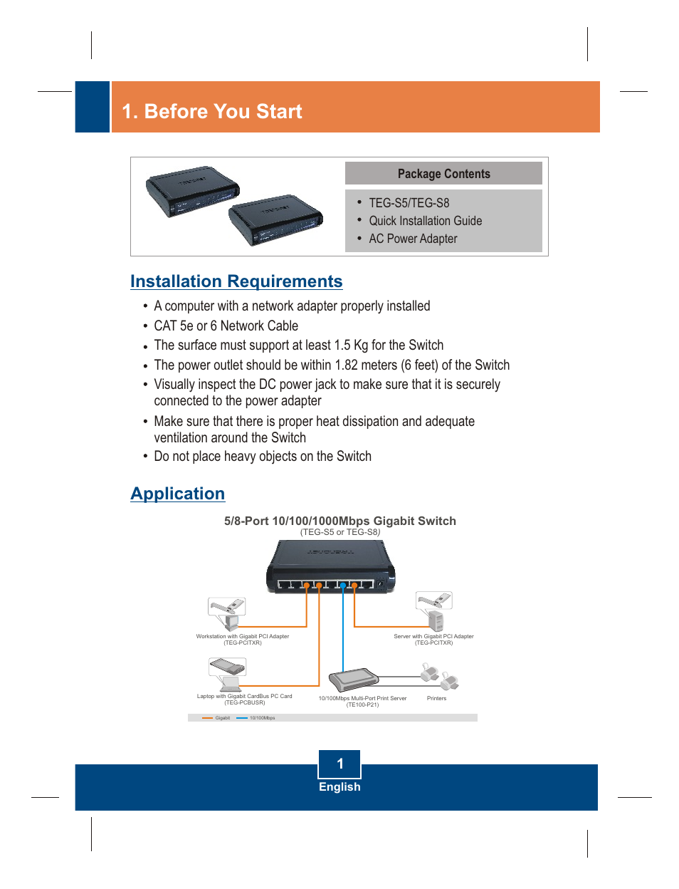 Before you start, Installation requirements application, Package contents | TRENDnet TEG-S5 User Manual | Page 3 / 11