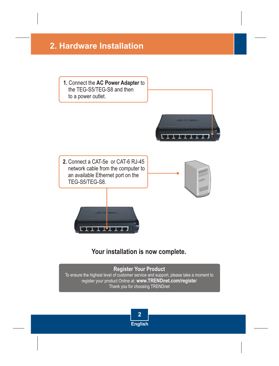 Hardware installation, Your installation is now complete | TRENDnet TEG-S5 User Manual | Page 4 / 11