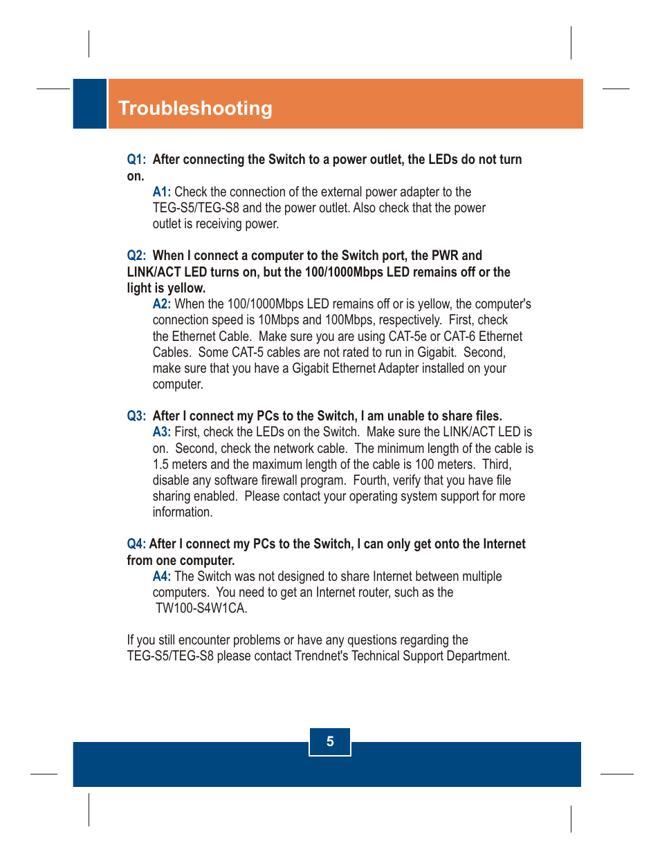 Troubleshooting | TRENDnet TEG-S5 User Manual | Page 7 / 11