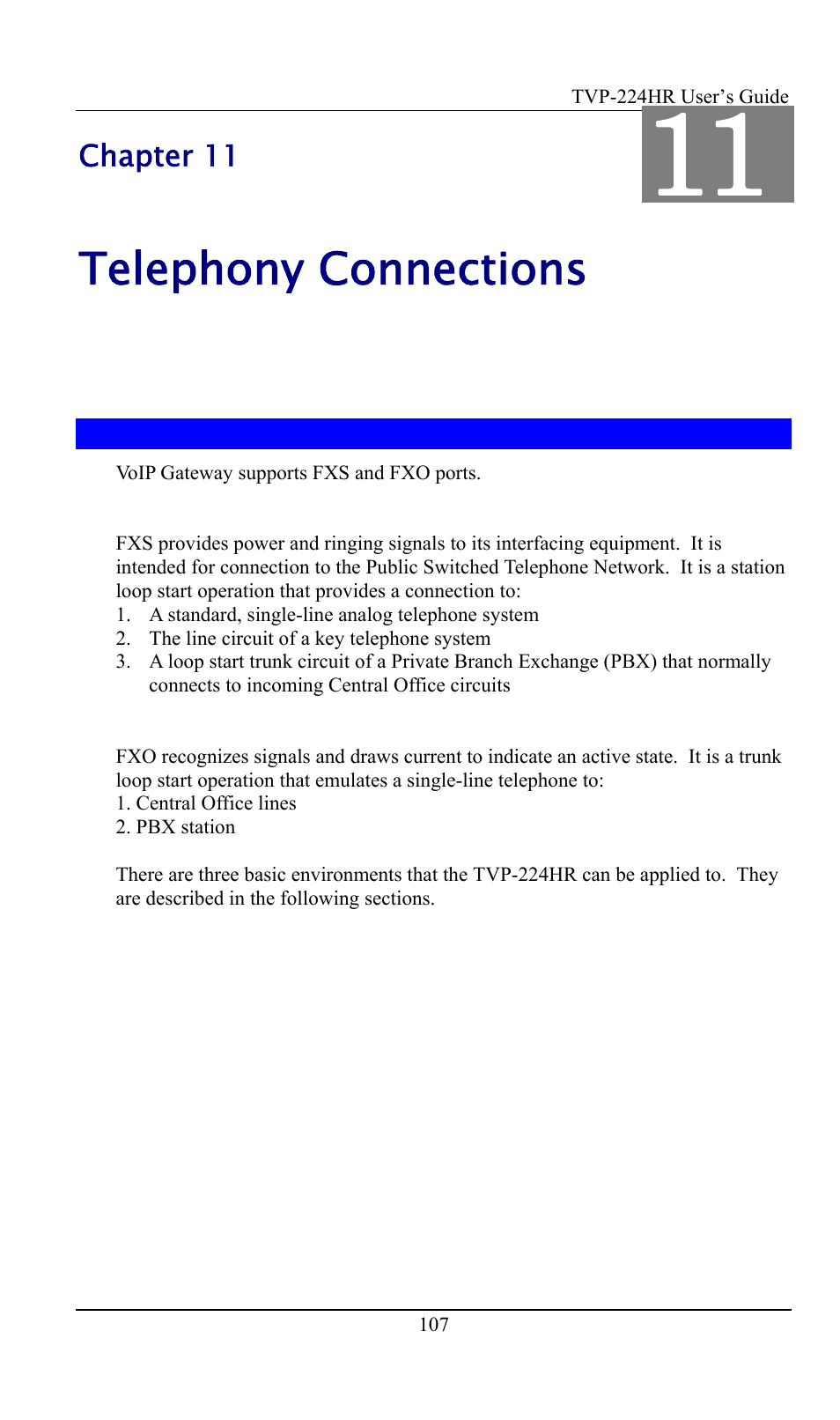 Chapter 11 - telepnhony connections, 1 port configuration, Chapter 11 | Telephony connections, Port configuration | TRENDnet TVP-224HR User Manual | Page 107 / 130