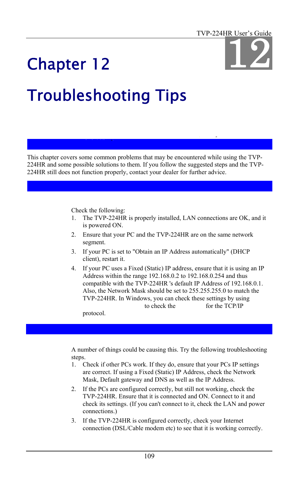 Chapter 12 - troubleshooting tips, Overview, General problems | Internet access, Chapter 12, Troubleshooting tips, Chapter 12 troubleshooting tips | TRENDnet TVP-224HR User Manual | Page 109 / 130