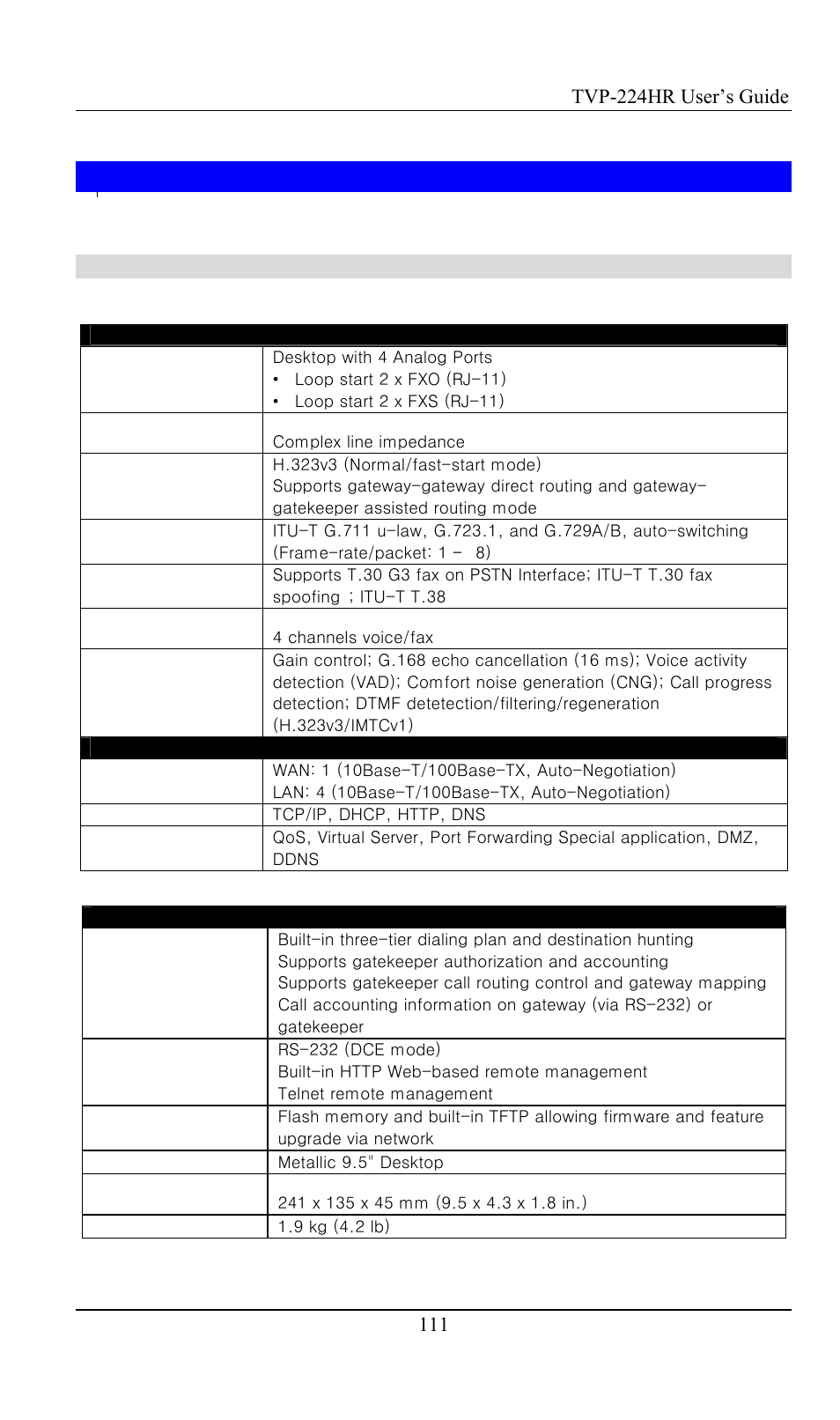 Appendix a - technical specifications, Tvp-224hr technical specifications, Tvp-224hr user’s guide | TRENDnet TVP-224HR User Manual | Page 111 / 130