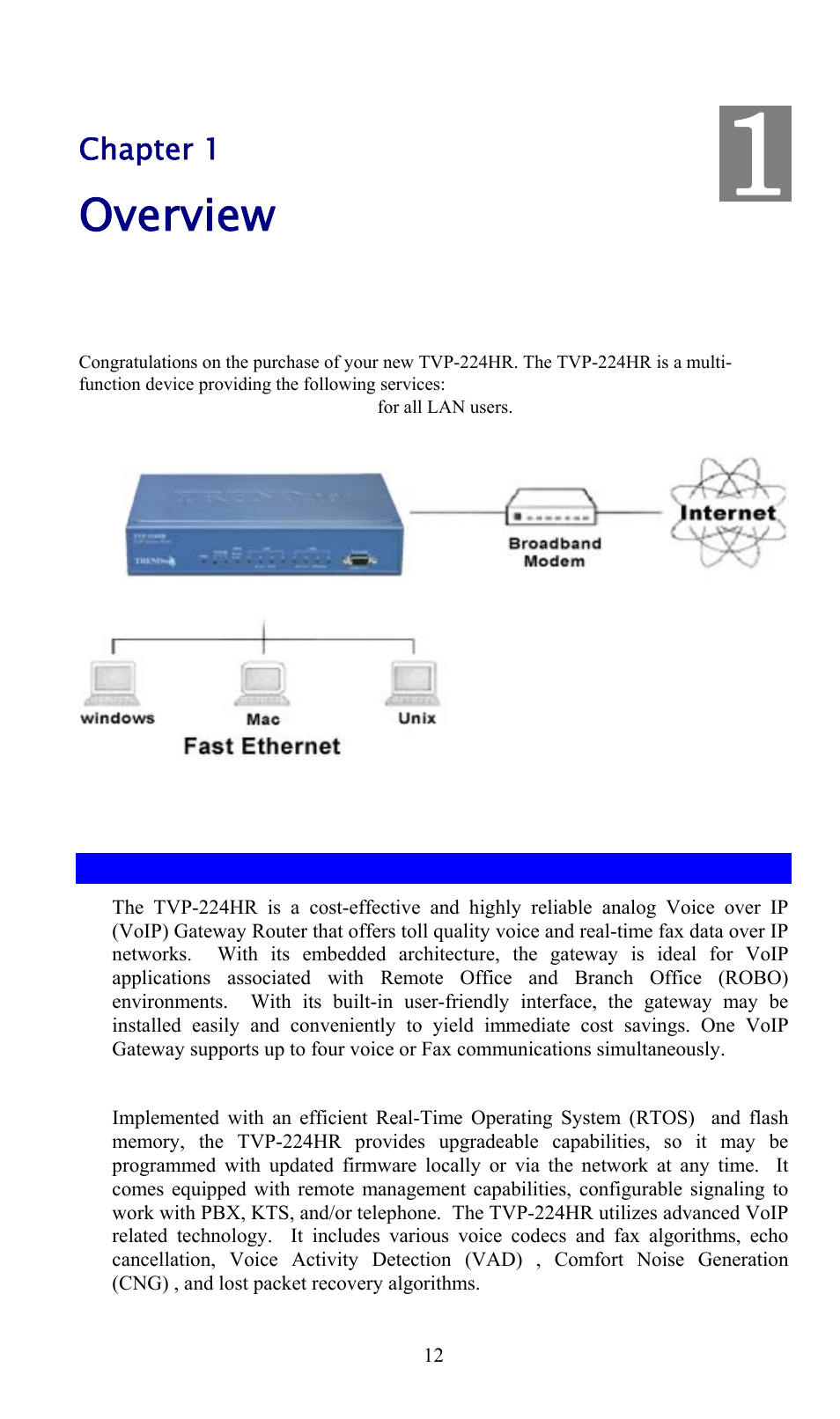 Chapter 1 - overview, 1 features, Chapter 1 | Overview, Features | TRENDnet TVP-224HR User Manual | Page 12 / 130