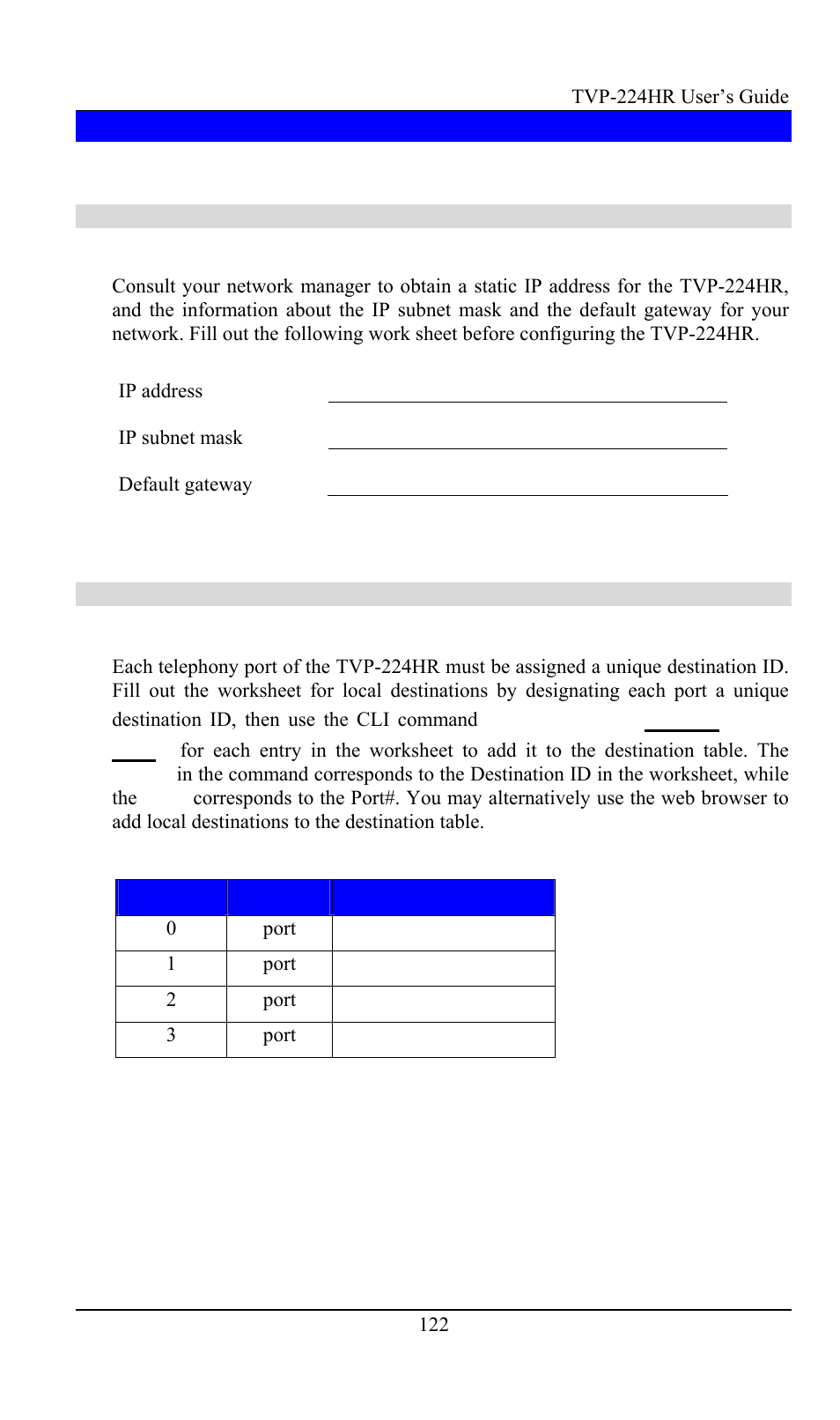 Appendix f - worksheets, Ip parameters, Atpm destination table | Atpm dadd dest_id port port | TRENDnet TVP-224HR User Manual | Page 122 / 130