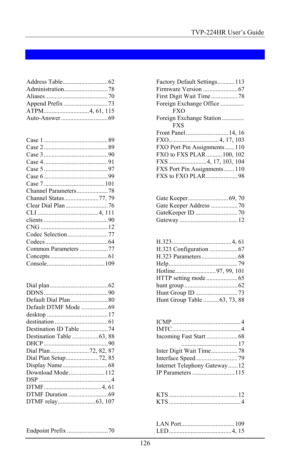 Index | TRENDnet TVP-224HR User Manual | Page 126 / 130