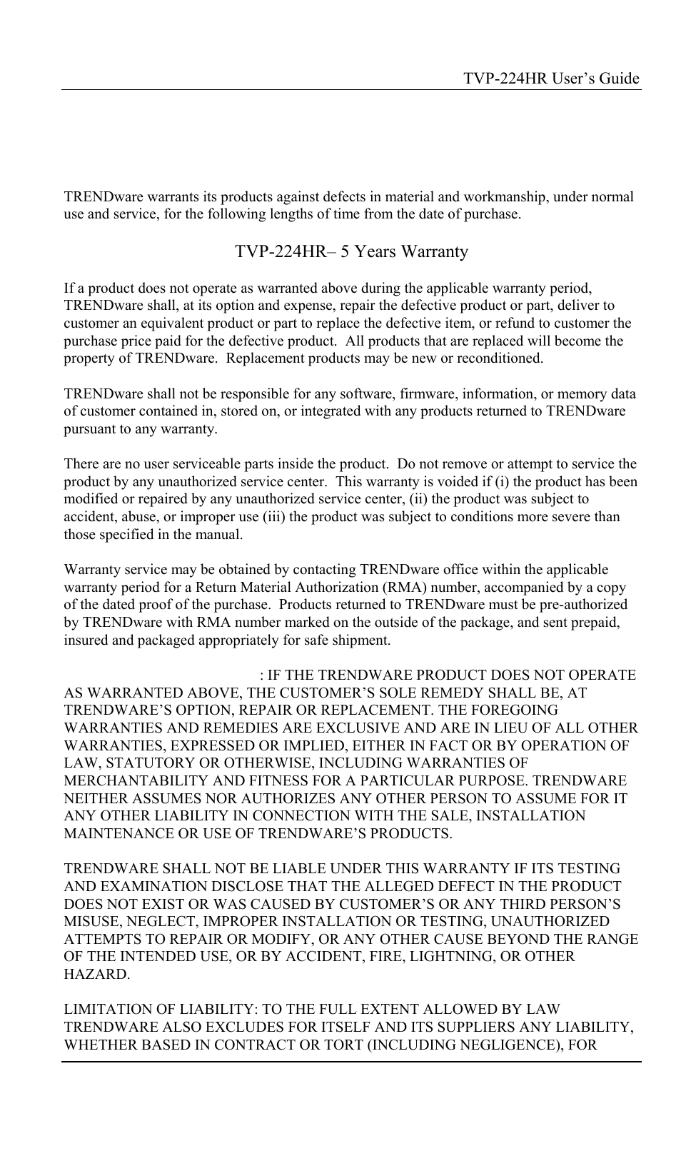 Limited warranty | TRENDnet TVP-224HR User Manual | Page 128 / 130