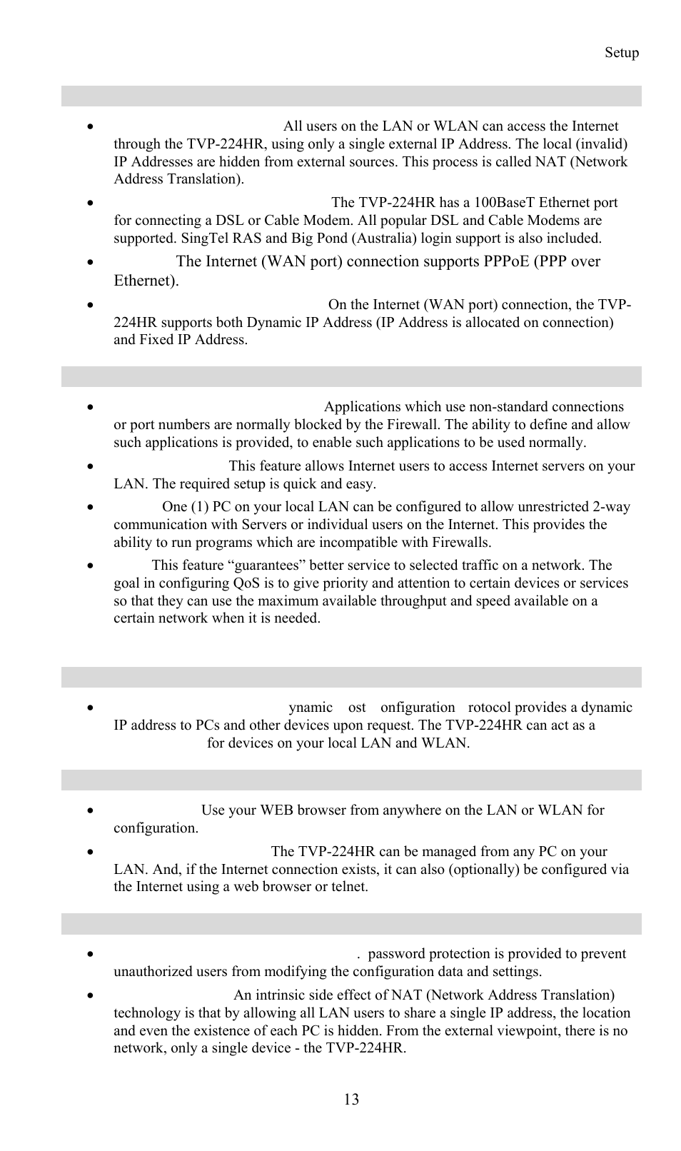 Internet access features, Advanced internet functions, Lan features | Configuration & management, Security features | TRENDnet TVP-224HR User Manual | Page 13 / 130