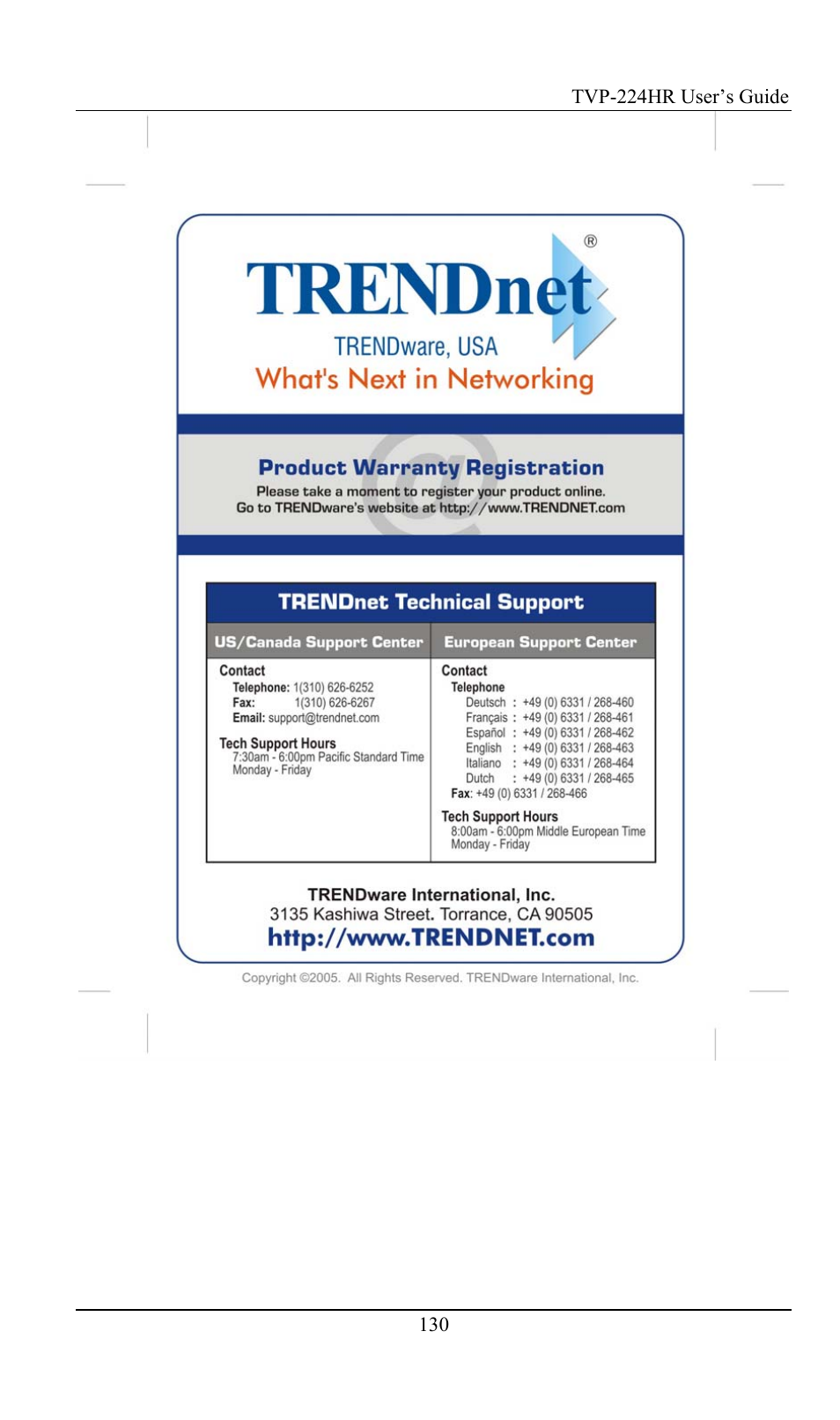 TRENDnet TVP-224HR User Manual | Page 130 / 130