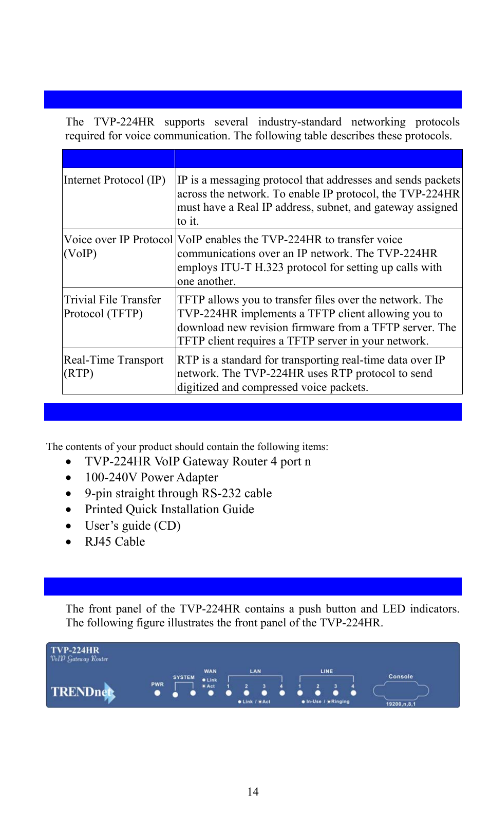 2 networking protocols, 3 package contents, 4 front panel | Networking protocols, Package contents, Front panel | TRENDnet TVP-224HR User Manual | Page 14 / 130