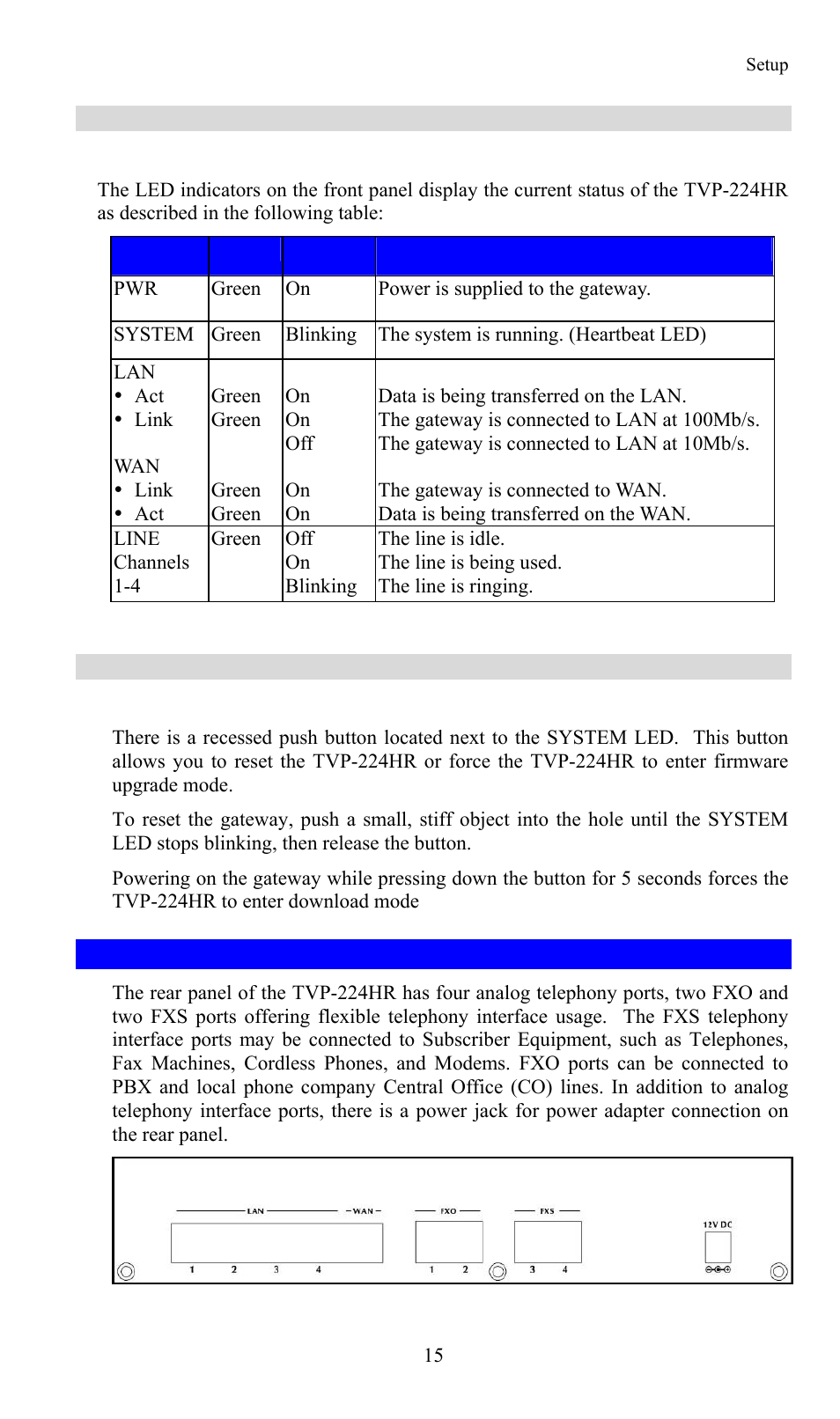 Led indicators, Reset button, 5 rear panel | Rear panel | TRENDnet TVP-224HR User Manual | Page 15 / 130
