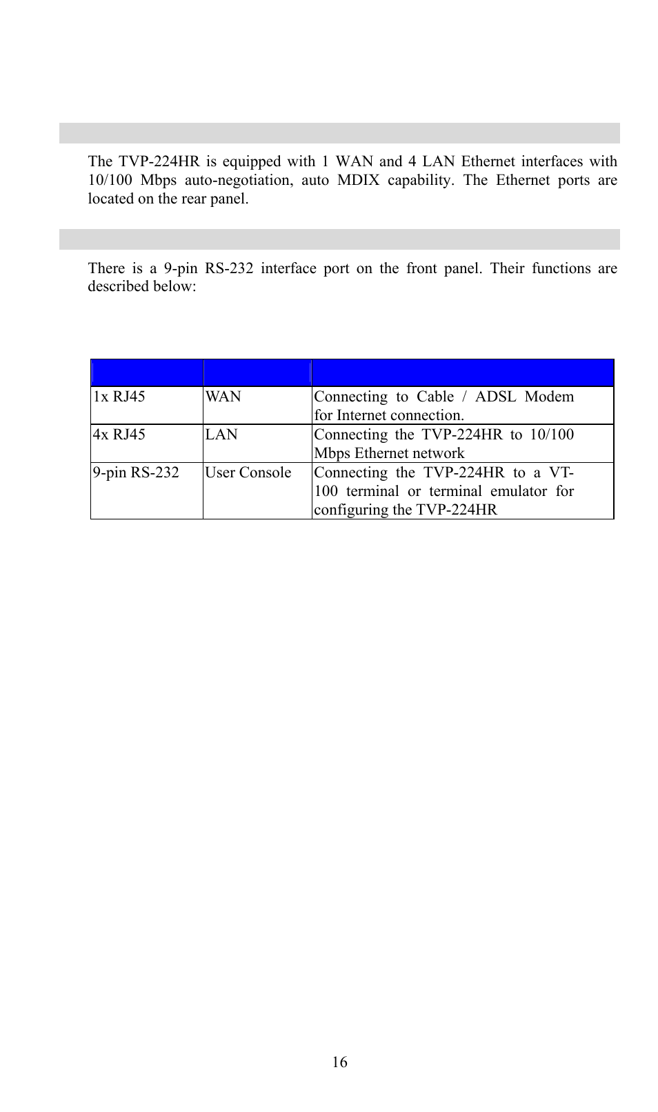 Wan / lan / console ports, Console | TRENDnet TVP-224HR User Manual | Page 16 / 130