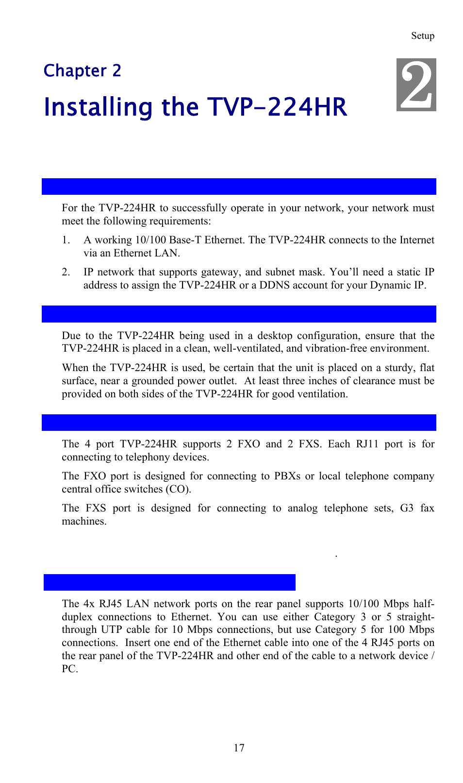 Chapter 2 - installing the tvp-224hr, 1 network requirements, 2 installing the tvp-224hr | 3 connecting to the telephony devices, 4 connecting to the lan network, Chapter 2, Installing the tvp-224hr, Network requirements, Connecting to the telephony devices, Connecting to the lan network | TRENDnet TVP-224HR User Manual | Page 17 / 130