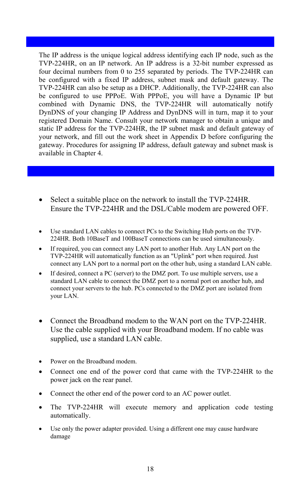 5 assigning an ip address to the tvp-224hr, 6 hardware installation procedures, Assigning an ip address to the tvp-224hr | Hardware installation procedures | TRENDnet TVP-224HR User Manual | Page 18 / 130