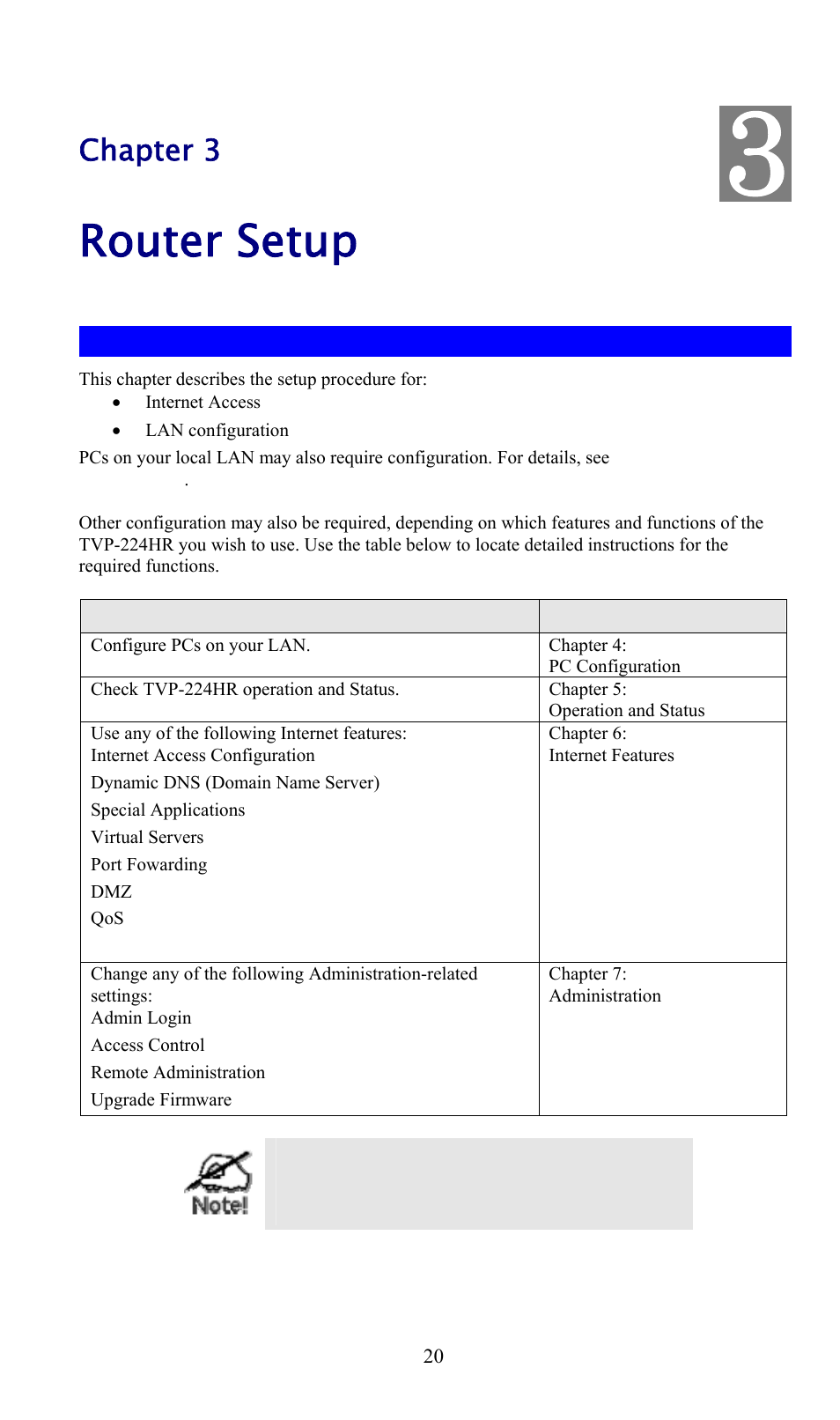 Chapter 3 - router setup, Overview, Chapter 3 | Router setup | TRENDnet TVP-224HR User Manual | Page 20 / 130