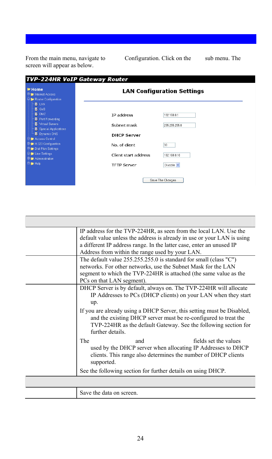 Lan configuration, Data - lan screen | TRENDnet TVP-224HR User Manual | Page 24 / 130
