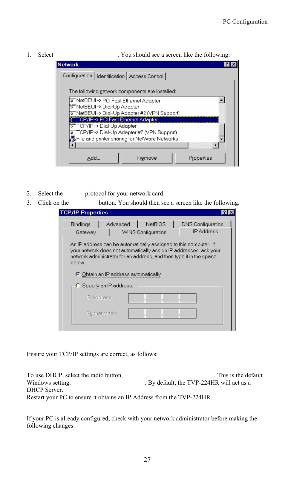 Checking tcp/ip settings - windows 9x/me | TRENDnet TVP-224HR User Manual | Page 27 / 130