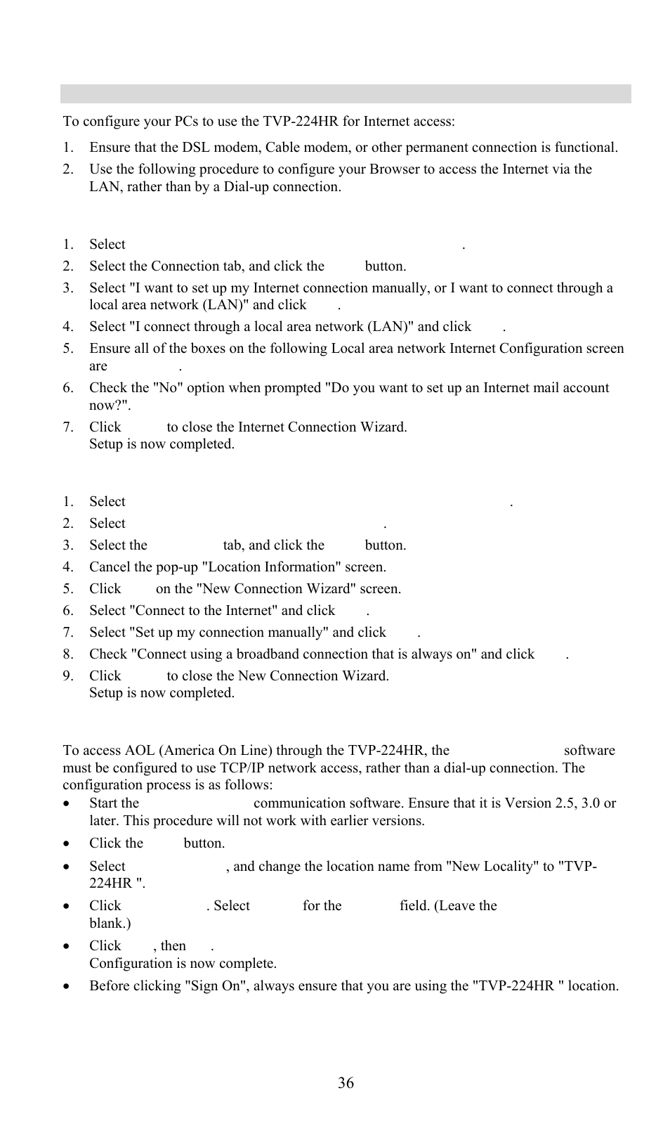 Internet access, For windows 9x/me/2000, For windows xp | Accessing aol | TRENDnet TVP-224HR User Manual | Page 36 / 130