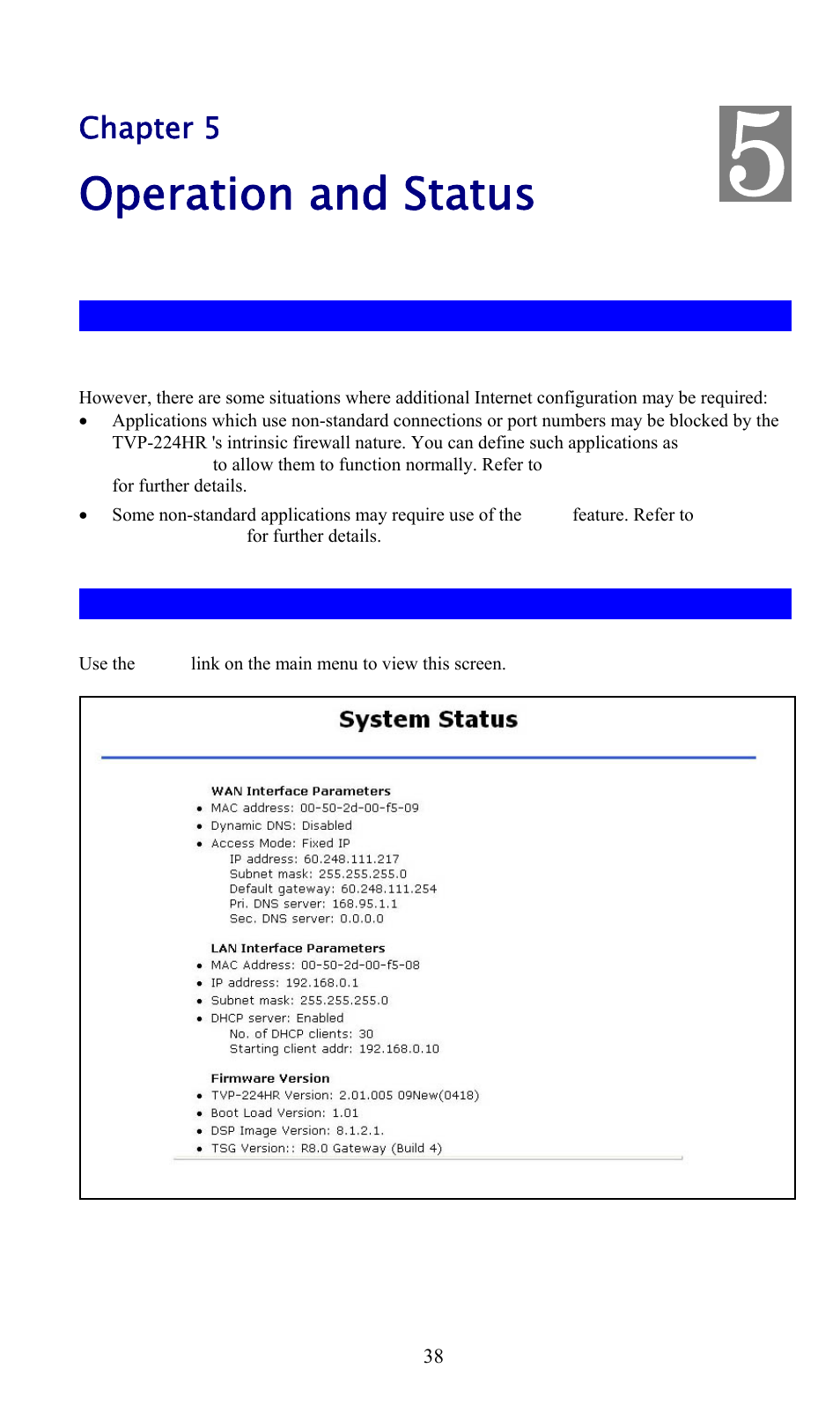Chapter 5 - operation and status, Operation, System status screen | Chapter 5 operation and status, Operation and status | TRENDnet TVP-224HR User Manual | Page 38 / 130