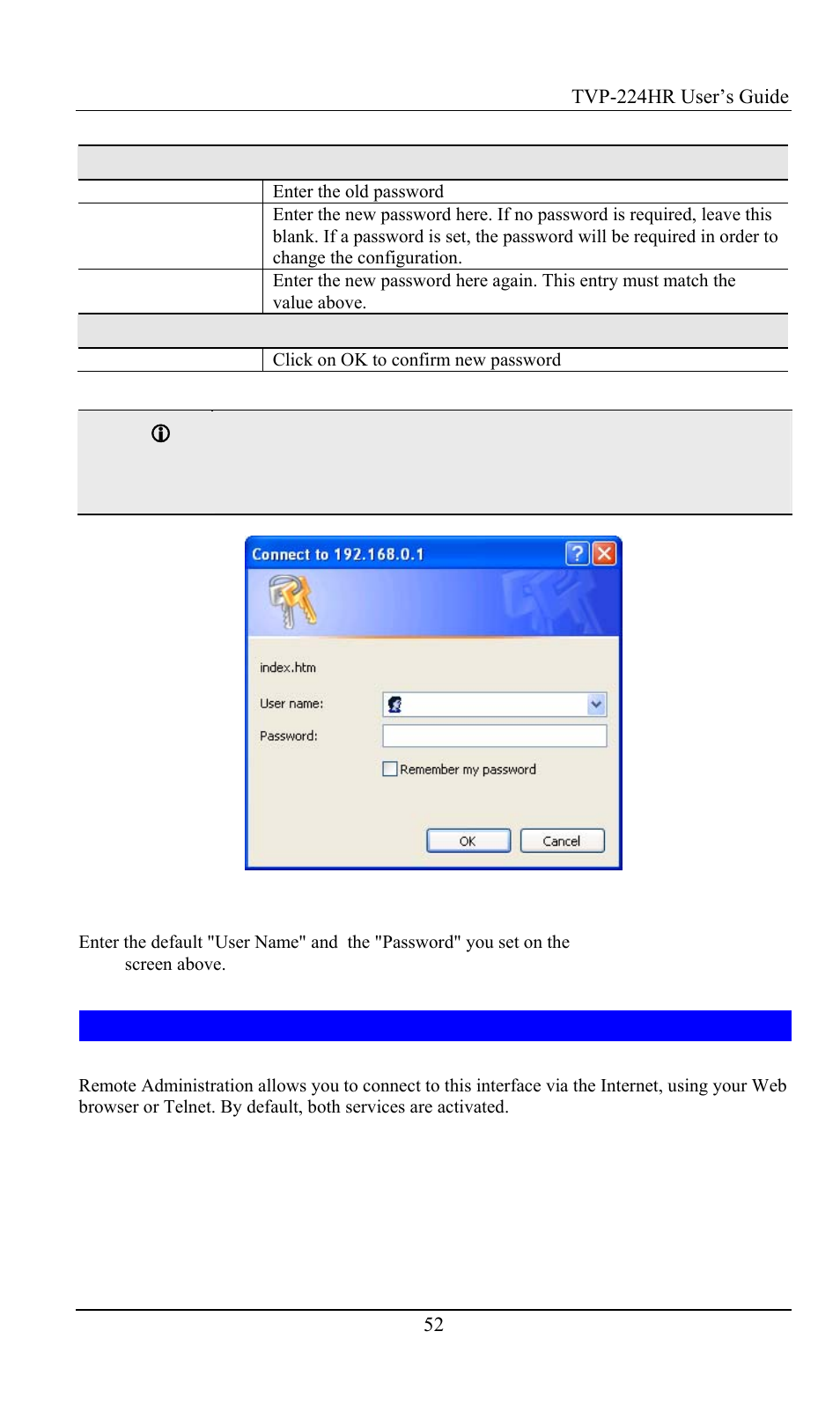 Data – administration password setup, Remote administration | TRENDnet TVP-224HR User Manual | Page 52 / 130